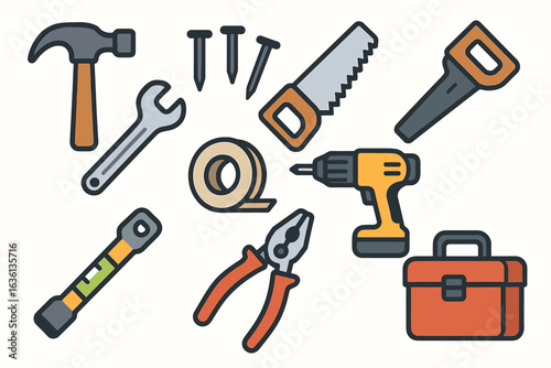 Collection of hand tools including hammer, saw, wrench, and drill