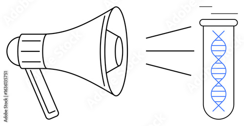 Megaphone projecting sound waves toward test tube containing DNA strand illustration. Ideal for science communication, biotechnology, genetics, healthcare, research innovation, public awareness
