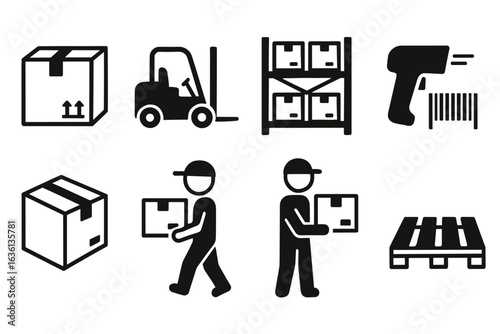 Warehouse logistics icons: forklift, barcode scanner, boxes, pallet
