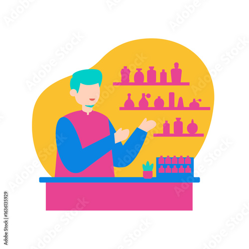 Selling Perfume. Man standing behind counter in perfume shop isolated on transparent background.