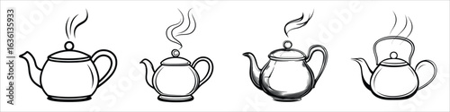 Collection of hand drawn hot steaming teapots and kettles in various styles.