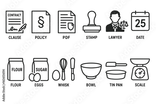 Legal and baking icons: contracts, law, and cooking essentials