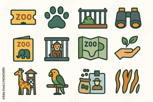 Colorful zoo icons set featuring animals, tickets, and maps