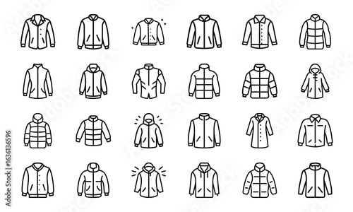 Winter Jacket and Coat Icon Set – Minimal Line Style Vector Illustrations of Outerwear, Puffer Jackets, Parkas, Hooded Coats, and Fashion Clothing Icons for Cold Weather Design Projects