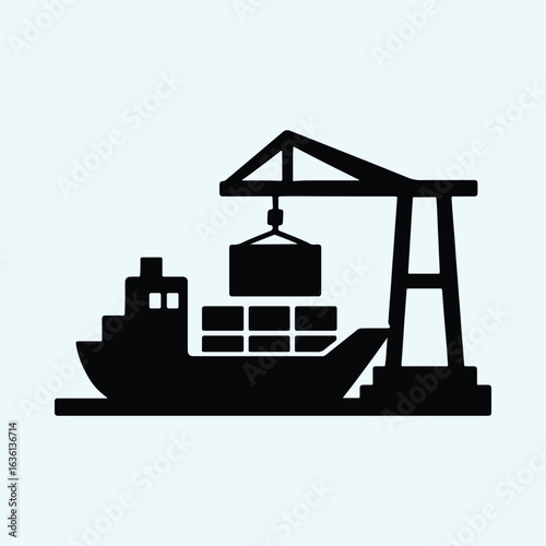 Silhouette cargo ship unloading containers with crane vector illustrator
