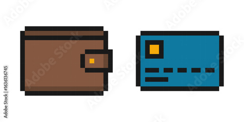 Pixel art wallet and credit card icons in flat style, Pixel Money Icons, 8-Bit Finance Symbols, Retro Payment Illustration, Digital Pixelated Currency Elements, Pixel art.