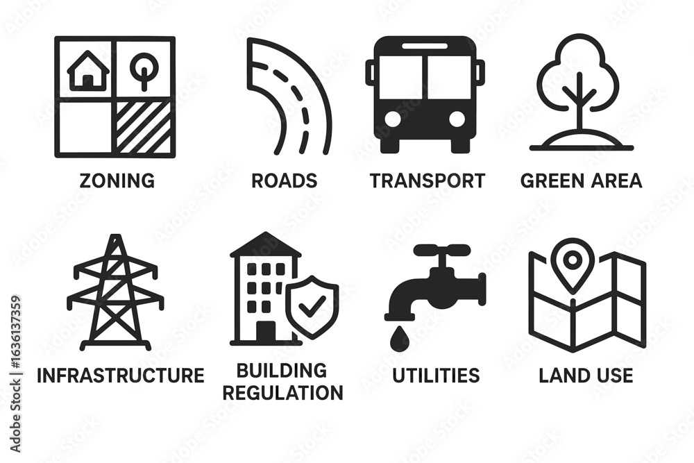 Urban planning icons: zoning, roads, transport, green area, infrastructure, building regulation, utilities, land use