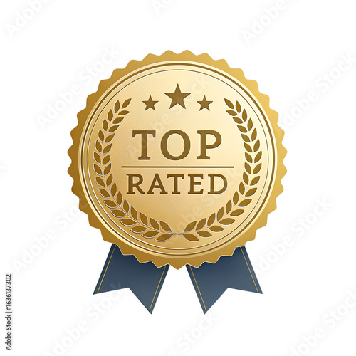 Top rated gold badge with laurel wreath and ribbon, isolated on transparent background