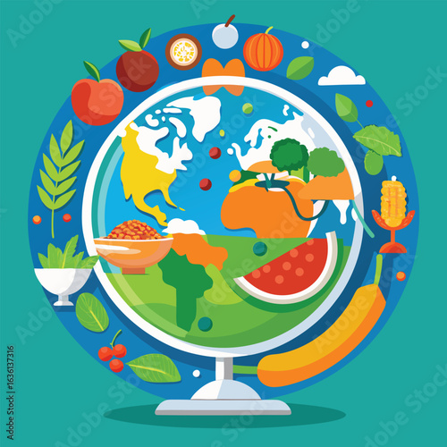 Globe with fruits and vegetables, healthy food around the world and global nutrition concept illustration.