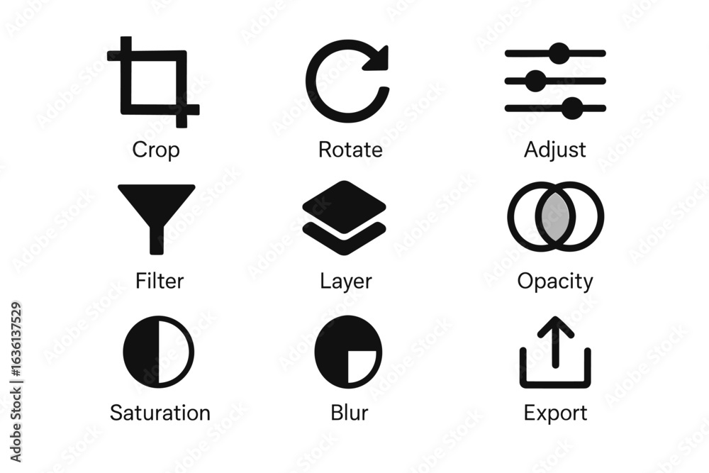 Graphic design icon set: crop, rotate, adjust, filter, layer, opacity, saturation, blur, export