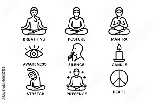 Mindfulness icons: breathing, posture, mantra, and more illustrated in simple style