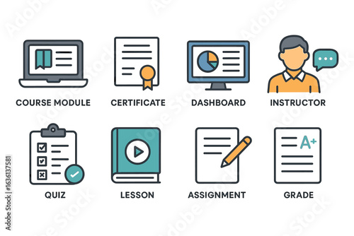 Online learning icons: course, certificate, dashboard, instructor, quiz, lesson, assignment, grade