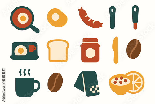 Breakfast icons: eggs, sausage, coffee, toast, and more in flat style