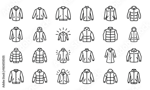 Winter Jacket and Coat Icon Set – Minimal Line Style Vector Illustrations of Outerwear, Puffer Jackets, Parkas, Hooded Coats, and Fashion Clothing Icons for Cold Weather Design Projects