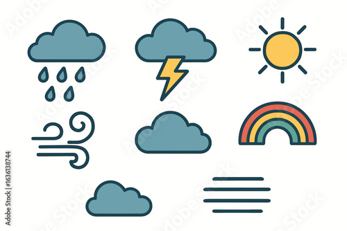 Weather icons: rain, thunder, sun, rainbow, wind, clouds, fog