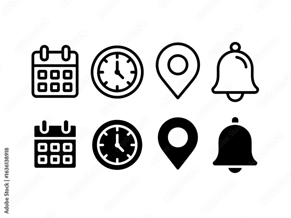 Fototapeta premium Collection of outline and filled icons for calendar clock location and bell
