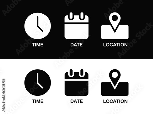 Set of three icons representing time date and location in a clean silhouette style