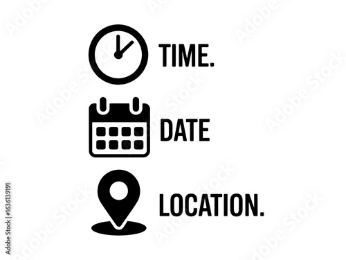 Icons for time date and location information