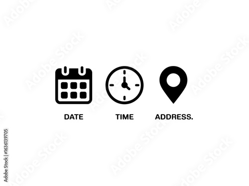 Calendar clock and location icons representing date time and address