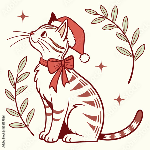 Vintage illustration Christmas cat, classic, retro style, nostalgic holiday animal, feline art