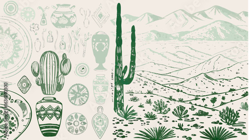 Illustration of desert landscape with cacti mountains and decorative pottery in muted green tones style silhouette