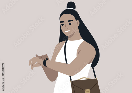 In a clean, contemporary backdrop, a fashionable individual wearing a light dress checks the time on their sleek wristwatch, exuding confidence and style with a stylish bag