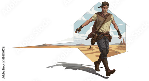 Confident adventurer struts through arid desert landscape, determined exploration, digital artwork