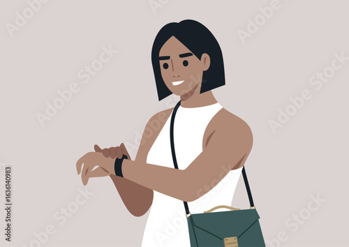 In a clean, contemporary backdrop, a fashionable individual wearing a light dress checks the time on their sleek wristwatch, exuding confidence and style with a stylish bag
