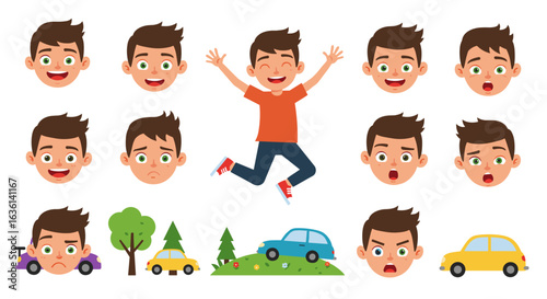 Cartoon boy with various expressions and vehicle themed scenes, depicting emotions