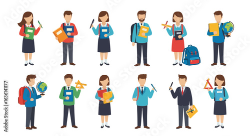 A diverse collection of cartoon students and teachers in uniform, holding various school supplies like books, globes, and rulers.