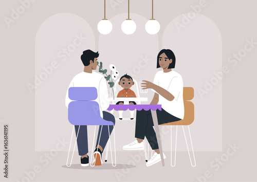 Diners share a special moment at a restaurant table, surrounded by a warm atmosphere, A child joyfully engages, bringing smiles to the dining experience.