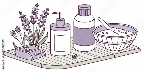 Collection of organic lavender spa products, with bath salts and massage oil arranged on a wooden surface, representing skincare and wellness.