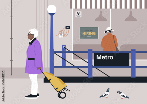 A senior lady dressed in a purple coat strolls next to a metro station entrance, pulling a bright yellow trolley bag as she navigates the urban environment, nearby pigeons and fellow travelers abound