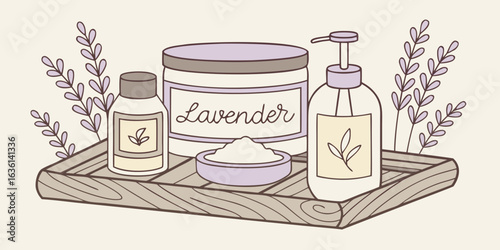 Collection of organic lavender spa products, with bath salts and massage oil arranged on a wooden surface, representing skincare and wellness.