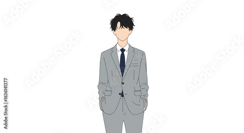 Stylish young man in a light grey suit standing confidently on white background