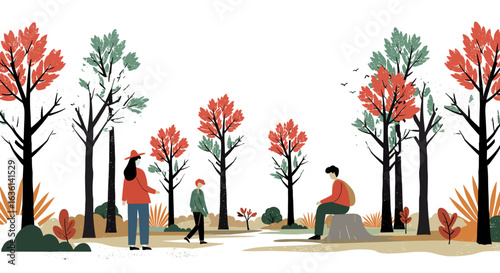 Illustrated autumnal park scene featuring masked people enjoying the outdoor recreation