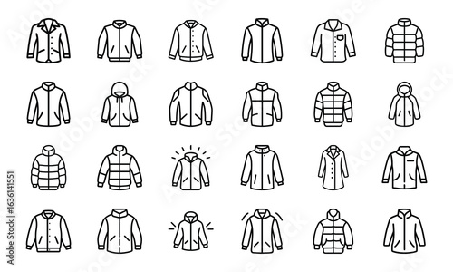 Winter Jacket and Coat Icon Set – Minimal Line Style Vector Illustrations of Outerwear, Puffer Jackets, Parkas, Hooded Coats, and Fashion Clothing Icons for Cold Weather Design Projects