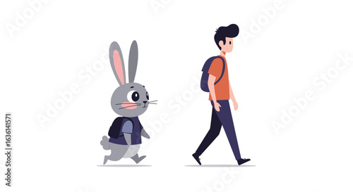 Animated buddy system featuring a cheerful rabbit and a pensive walking young man