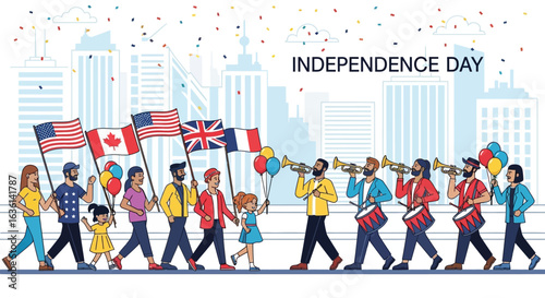 A diverse group of people and a marching band celebrate Independence Day in a city parade.