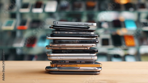 Many Mobile Phones in a Pile on Table for Technology Background