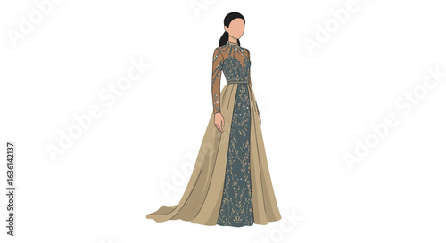 Elegant woman in gown, standing gracefully with a white background, sophisticated style.