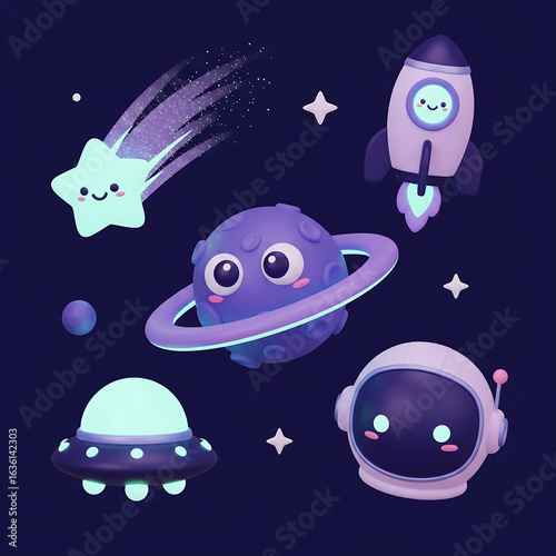 Cute Space Cartoon Elements - Rocket, Astronaut, Star, Planet, and UFO