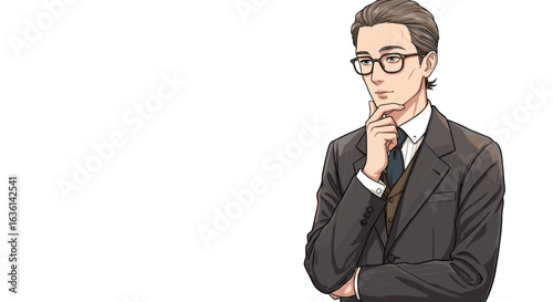 Thoughtful Businessman in a Suit and Glasses Poses Against a White Background