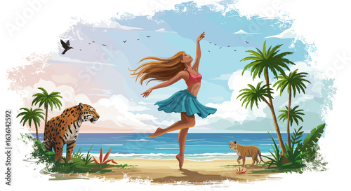 Elegant blonde dancer poses on tropical beach with curious wildlife illustration