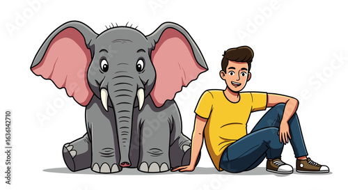 Cartoon man casually sitting beside a charming cartoon elephant, both content