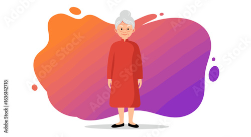 Friendly cartoon illustration of a cute grandmother with grey hair and red dress.