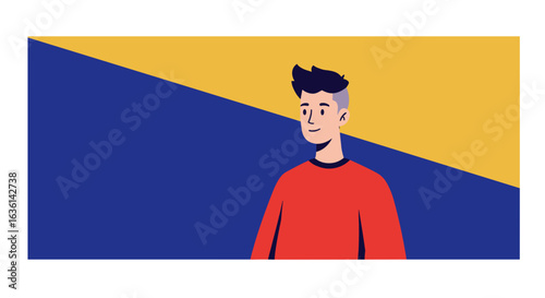 Animated Male Character with Red Sweater Against a Vibrant Geometric Background