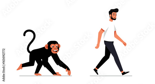 Human evolution illustrated: Monkey progressing to modern man in a flat, cartoon style.