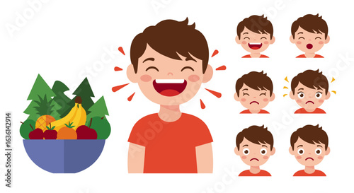 Joyful cartoon boy with fruit and trees alongside expressive emotions on white
