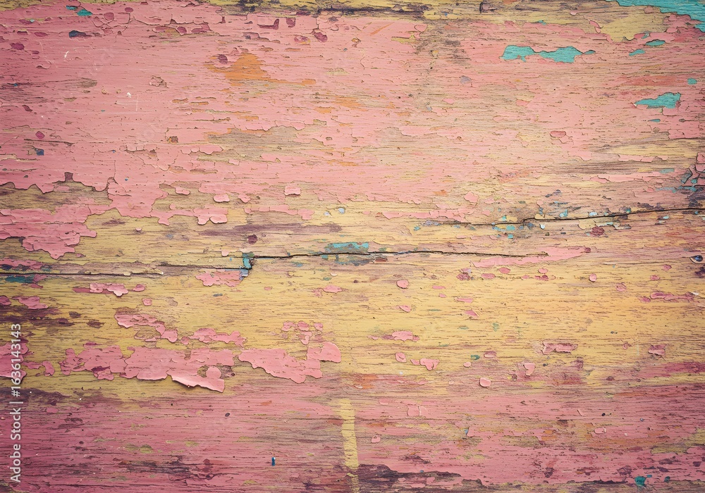 Obraz premium Weathered wooden planks with peeling pink paint, vintage rustic texture background, aged distressed wood surface, shabby chic design element, retro material